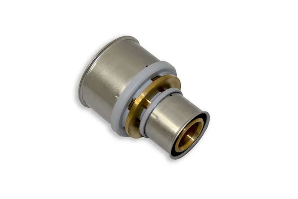 Kupplung von Roth mit metallischem Gehäuse und Gummidichtungen. Das Produkt weist eine zylindrische Form auf und verbindet Rohre unterschiedlicher Durchmesser.